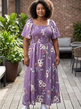 BloomChic Lavender Floral Puff-Sleeve Maxi Dress